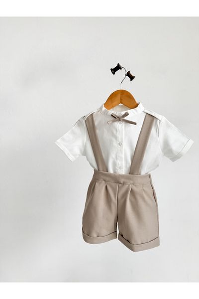 Sis and Bro Beige Double Leg Shorts Salopet - Shirt - Collar Set of 3, Boy's Special Day Suit