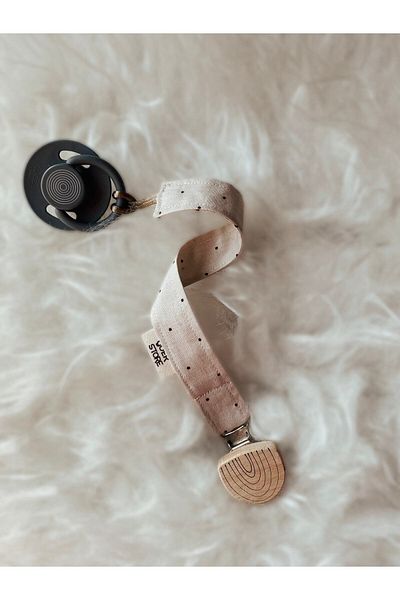 GOER STORE Natural Wooden Rainbow Detailed Cappuccino Polka Dot 100% Cotton Fabric Baby Pacifier Strap