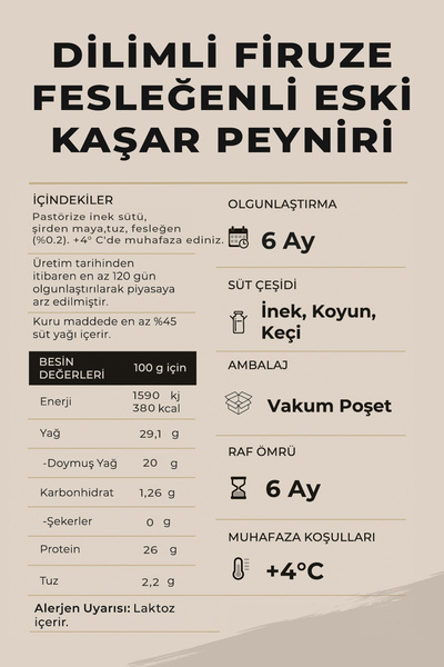 Ariste Keyif Serisi – Firuze Fesleğenli Eski Kaşar Peyniri 200 gr – Dinlendirilmiş