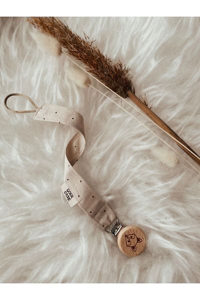 GOER STORE Natural Wooden Heart Detailed Cappuccino Polka Dot 100% Cotton Fabric Baby Pacifier Strap
