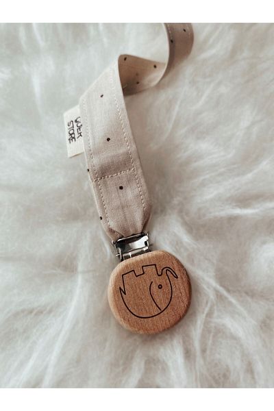 GOER STORE Natural Wooden Elephant Detailed Cappuccino Polka Dot 100% Cotton Fabric Baby Pacifier Strap