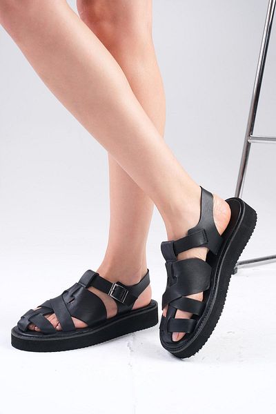 Mio Gusto Sylvie Black Genuine Leather Women's Flat Sandals