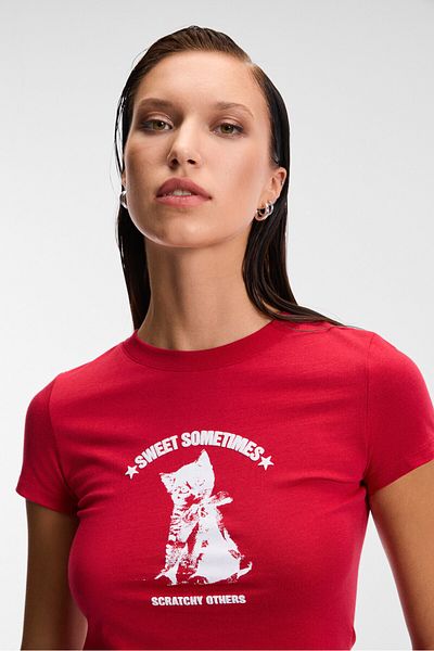 GRIMELANGE Yelvane Women's 100% Cotton Crew Neck Printed Regular Fit Red T-Shirt