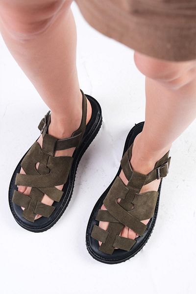 Mio Gusto Sylvie Genuine Suede - Khaki Green Women's Flat Sandals
