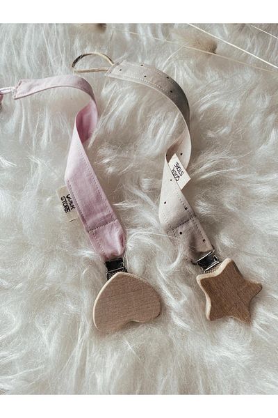 GOER STORE Pink 100% Cotton Pacifier Strap Set with Heart-Star Natural Wood Detail