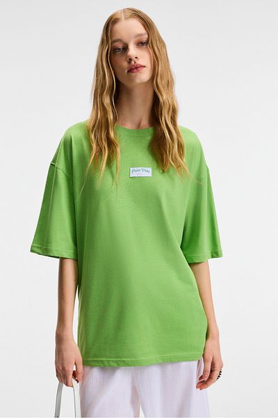 GRIMELANGE Zeylina Women's 100% Cotton Printed Regular Fit Short Sleeve Crew Neck Green T-Shirt