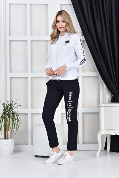 Piyera طقم بدلة رياضية نسائية من القطن باللون الأبيض بياقة واقفة وسحاب مطبوع ...