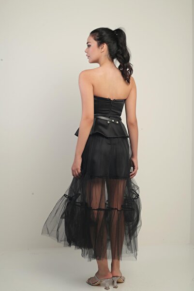 By Saygı Women's Strapless Skirt Tulle Top Satin Lined Dress with Belt