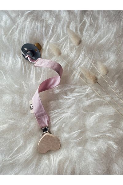 GOER STORE Natural Wooden Soft Pink 100% Cotton Fabric Baby Pacifier Strap with Heart Detail