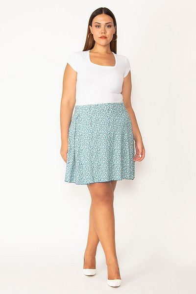 Şans Women's Large Size Turquoise Cotton Fabric Single Side Pleated Skirt with Hidden Elastic Waist 65n27574
