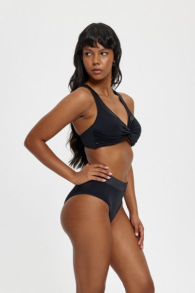 Louren Satin Detail V-Collar Collecting High Waist Black Bikini Set