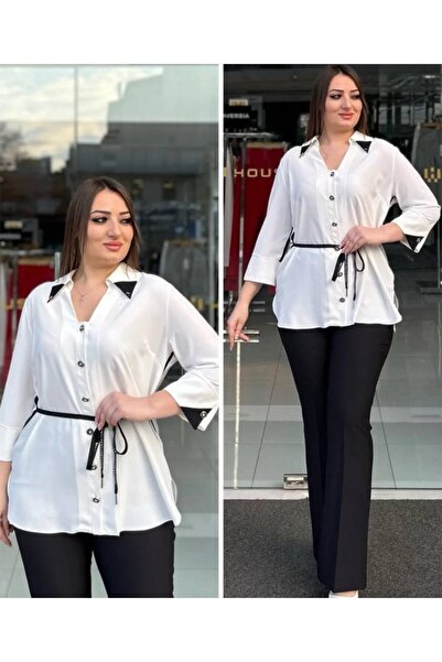 DE WHITES Plus Size Collar Shirt with Accessory Detail and Self Belt