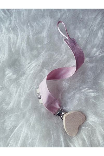 GOER STORE Natural Wooden Soft Pink 100% Cotton Fabric Baby Pacifier Strap with Heart Detail