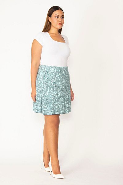 Şans Women's Large Size Turquoise Cotton Fabric Single Side Pleated Skirt with Hidden Elastic Waist 65n27574