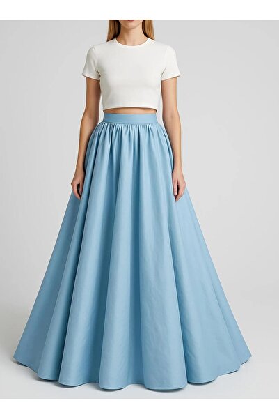 MERT ERKAN Yüksek Bel & Gizli Cepli Mavi Tafta Maxi Boy Etek