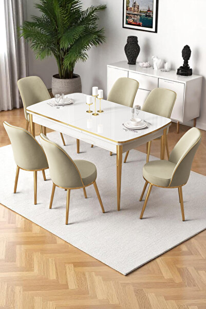 Canisa Nira Serisi 70x114 Mdf Açılabilir Beyaz Mutfak Masa Takımı 6 Krem Sand...