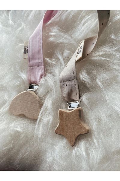 GOER STORE Pink 100% Cotton Pacifier Strap Set with Heart-Star Natural Wood Detail