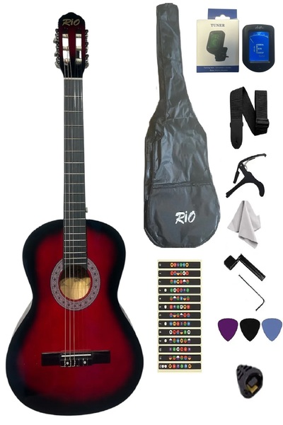 müzikhane 4/4 Tam Boy Kırmızı Klasik Gitar Akort Cihazı Kılıf Kapo Askı Pena ...