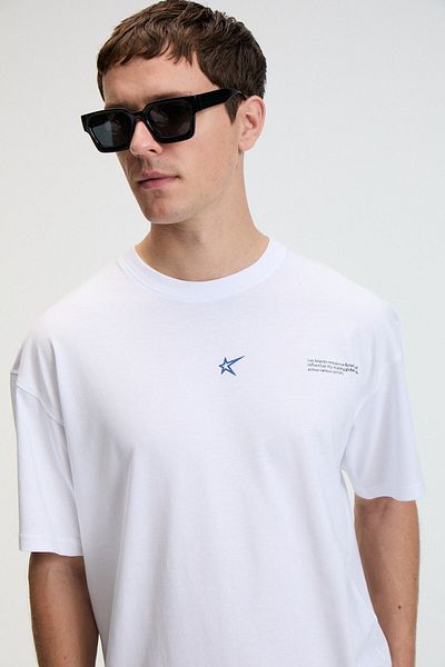 GRIMELANGE Nibble Men's Oversize 100% Cotton Printed Round Neck White T-Shirt