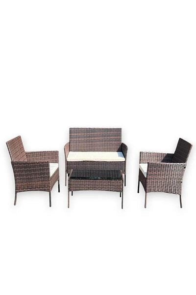 PROCART Set mobilier gradina, structura metalica, 4 piese, fotolii, canapea, masuta, model ratan, maro