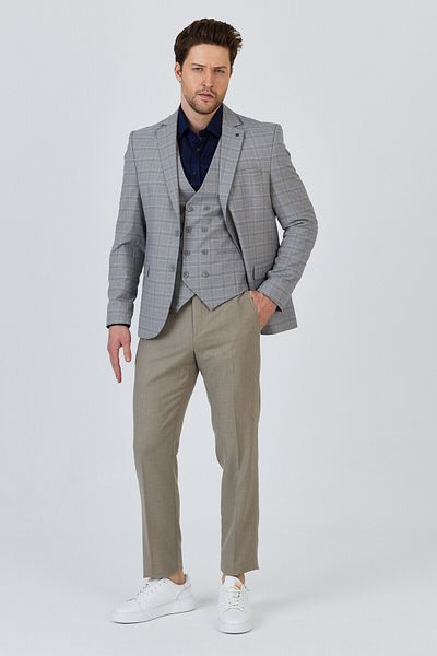 Frappoli Facune Men's Stone Jacket+Pants+Vest Double Slit Slim Fit Suit