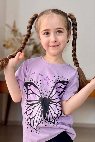 Riccotarz Girl's Black Pencil Butterfly Printed Combed Cotton Lilac T-Shirt Shorts Set