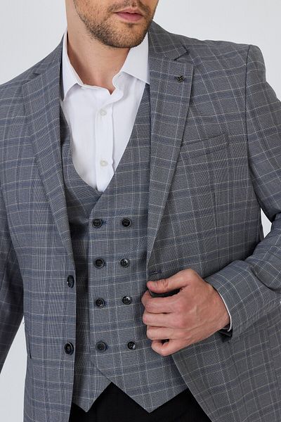 Frappoli Facune Men's Grey Jacket+Pants+Vest Double Slit Slim Fit Suit