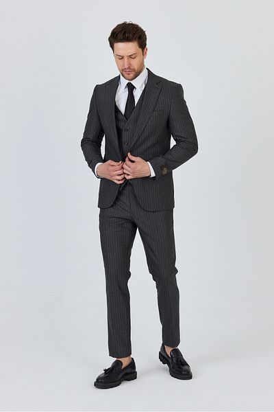 Frappoli Ateca Men's Dark Grey Italian Striped Jacket+Pants+Vest Slim Fit Suit