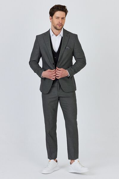 Frappoli Vitale Men's Dark Grey Polyester Fabric Slim Fit Suit with Jacket+Pants+Vest