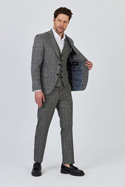 Frappoli Biglia Erkek Siyah-Gri Ceket+Pantolon+Yelek Çift Yırtmaçlı Slim Fit Takim Elbise