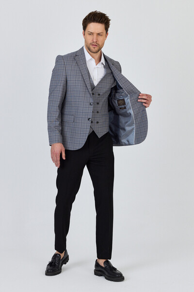 Frappoli Facune Erkek Gri Ceket+Pantolon+Yelek Çift Yırtmaçlı Slim Fit Takim Elbise