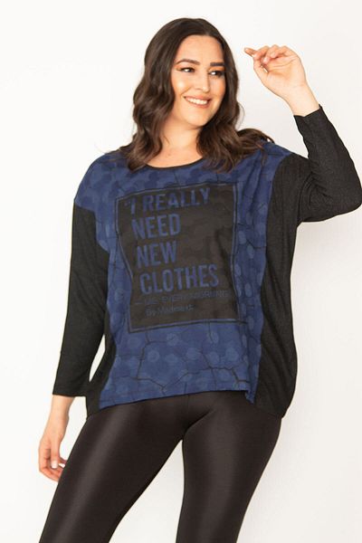 Şans Women's Large Size Black Bat Sleeve Front Detailed Tunic 65n31027