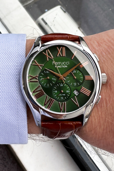 Ferrucci Function Erkek Kol Saati 3 Atm Su Geçirmez Kahverengi Deri Kordon + Hediye Bileklik FRE2046C1