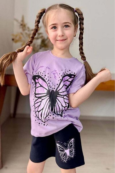 Riccotarz Girl's Black Pencil Butterfly Printed Combed Cotton Lilac T-Shirt Shorts Set