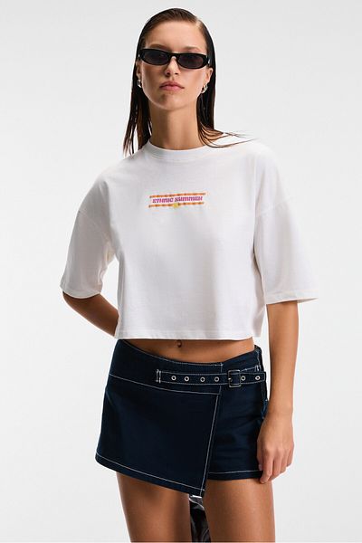 GRIMELANGE Orelza Women's 100% Cotton Printed Round Neck Oversize Fit Ecru T-Shirt