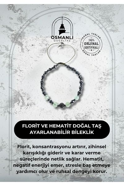 OSMANLI DOĞAL TAŞ Certified Fluorite and Hematite Natural Stone Adjustable Bracelet