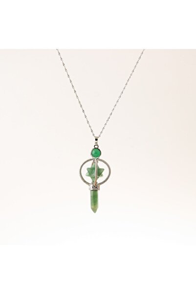 OSMANLI DEĞERLİ TAŞ Sertifikalı Aventurin Doğaltaş Markapon Yıldızlı Kolye Ucu, Gümüş Zincirle Birlikte Ku001