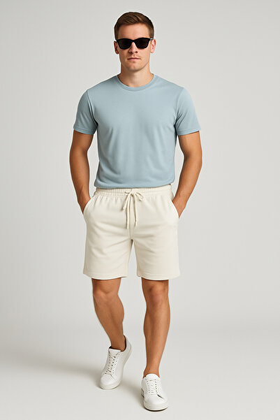 UOMOPARK Letní šortky z bavlny 8043 Ecru - Regular Fit s potištěnými kapsami a zavazováním v pase