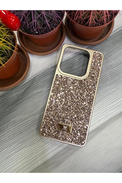 my butterfly Xiaomi Redmi Note 14 4G Uyumlu Parıltılı Full Taşlı Silikon Telefon Kapağı (Kılıfı) Gold