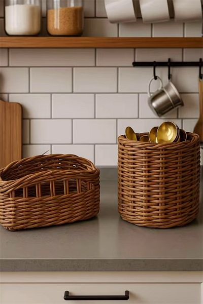 AFRALYAHOME Поставка за лъжици от ракита за плот и поставка за салфетки, органайзер за саксии за цветя, поставка за лъжици от ракита, поставка за дървени лъжици