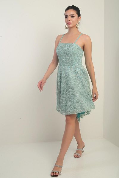 By Saygı Women's Rope Strap Lined Glitter Flock Printed Short Flared Dress