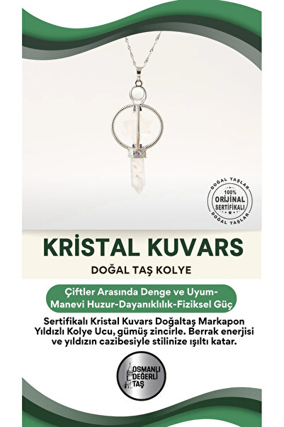 OSMANLI DEĞERLİ TAŞ Sertifikalı Kristal Kuvars Doğaltaş Markapon Yıldızlı Kolye Ucu, Gümüş Zincirle Birlikte Ku005