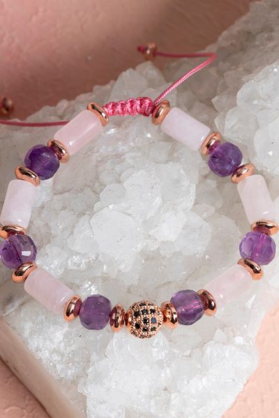 OSMANLI DOĞAL TAŞ Certified Pink Quartz and Amethyst Natural Stone Bracelet