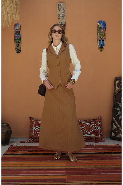 Fatma Atasoy Cotton Hazelnut Shell Striped Vest and Skirt Set