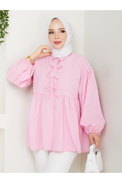 Güba Ticaret قماش تيري كوتون، فيونكة، أكمام بالون، قميص نسائي محتشم