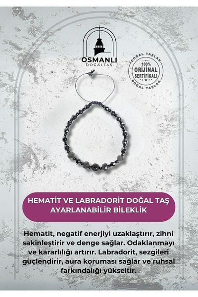 OSMANLI DOĞAL TAŞ Certified Hematite and Labradorite Natural Stone Adjustable Bracelet
