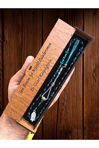 KANUNİ TESBİH Mărgele de rugăciune Moire albastru petrol cu cutie de lemn cu ...