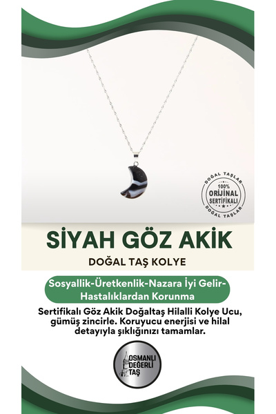 OSMANLI DEĞERLİ TAŞ Sertifikalı Göz Akik Doğaltaş Hilalli Kolye Ucu, Gümüş Zincirle Birlikte Ku030