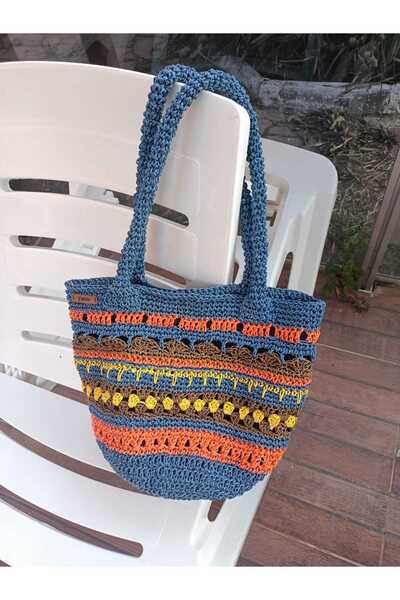 yaso shop Çizgili Renkli El Örgüsü Hasır Kağıt Ip Sepet Çanta Lacivert Plaj Ç...