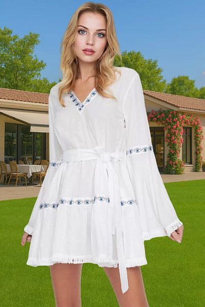 PayBuy Summer Mini Beach Dress 100% Cotton Voile Woven Shirring Sleeve High Quality Quality Craftsmanship